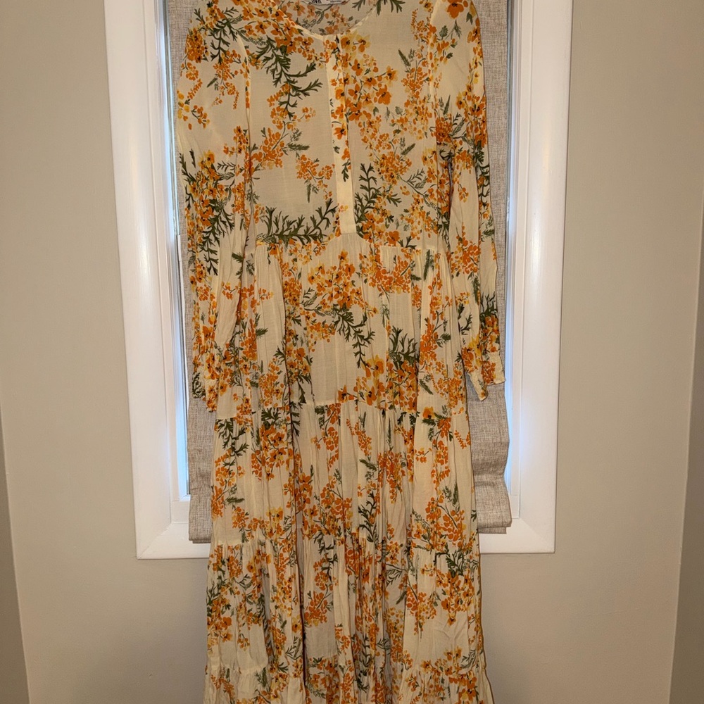 Zara Floral Cream and Orange Maxi Dress